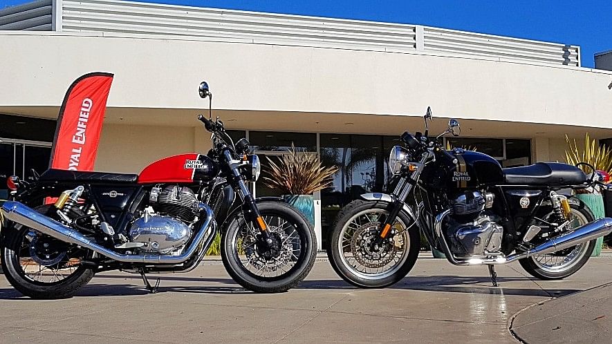 Royal Enfield Interceptor 650 (left) and Royal Enfield Continental GT 650 (right) in Santa Cruz, California ahead of global launch and US price reveal.&nbsp;