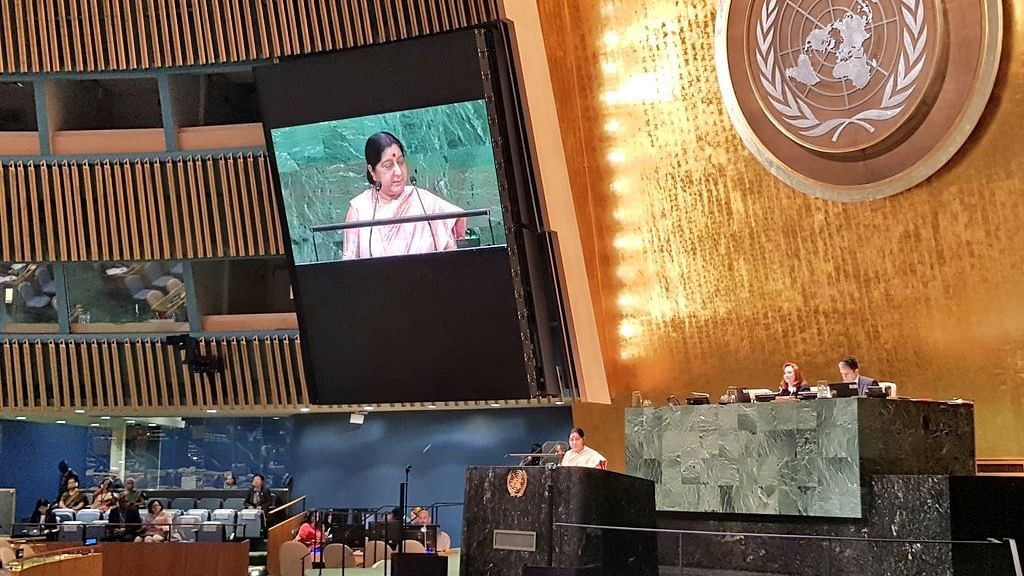 Union Minister for External Affairs Sushma Swaraj addressed the United Nations General Assembly on the sidelines of terrorism, climate change and reforms in the security council.
