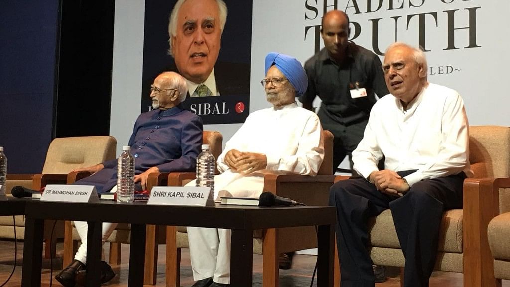 Manmohan Singh and Hamid Ansari at the release of Kapil Sibal’s new book, “Shades of Truth – A Journey Derailed”, on Friday, 7 September.