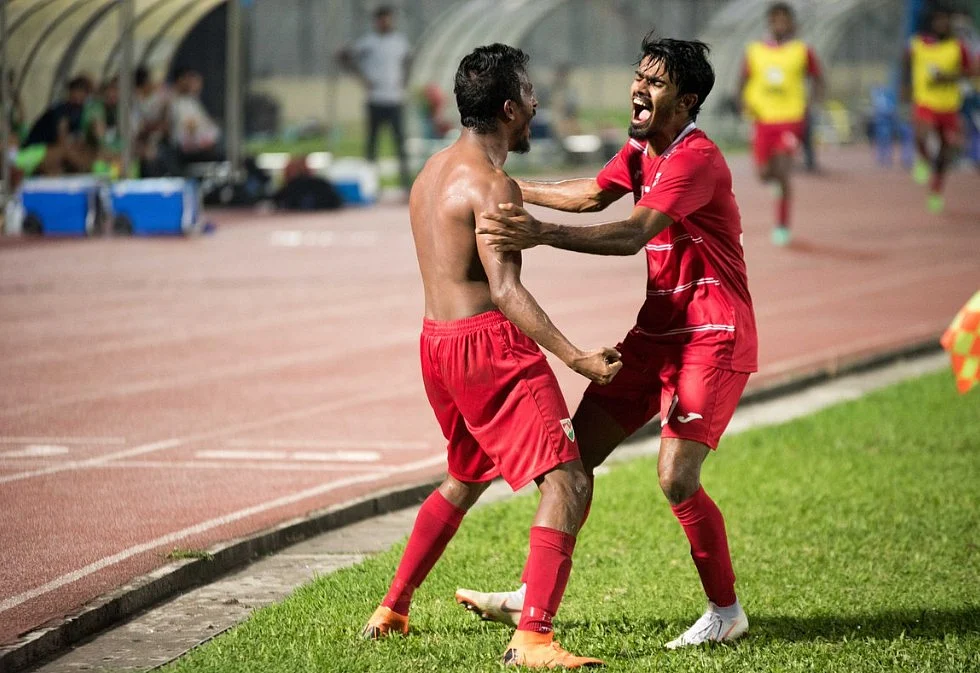 Ali Fasir (left) doubled Maldives’ lead in the 66th minute. 