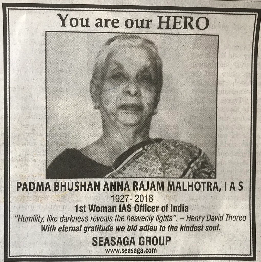 An obituary of Anna Rajam Malhotra.
