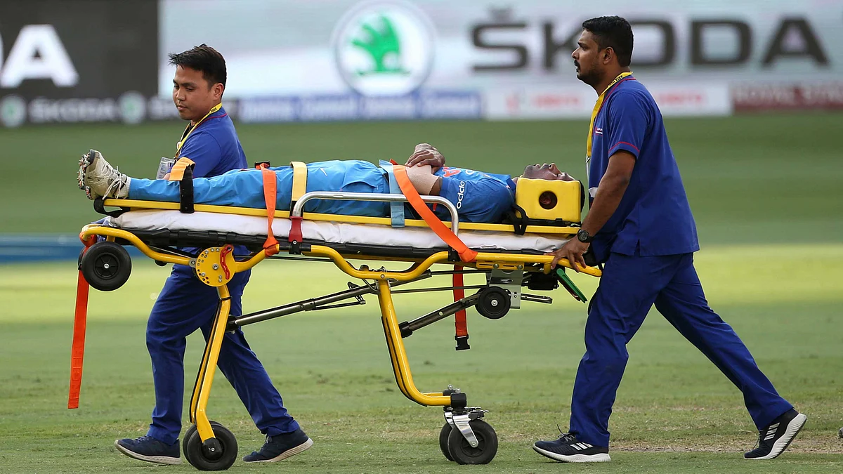 India’s Hardik Pandya is taken out of the field on a stretcher after he fell after bowling a delivery during the ODI match between India and Pakistan in Dubai.