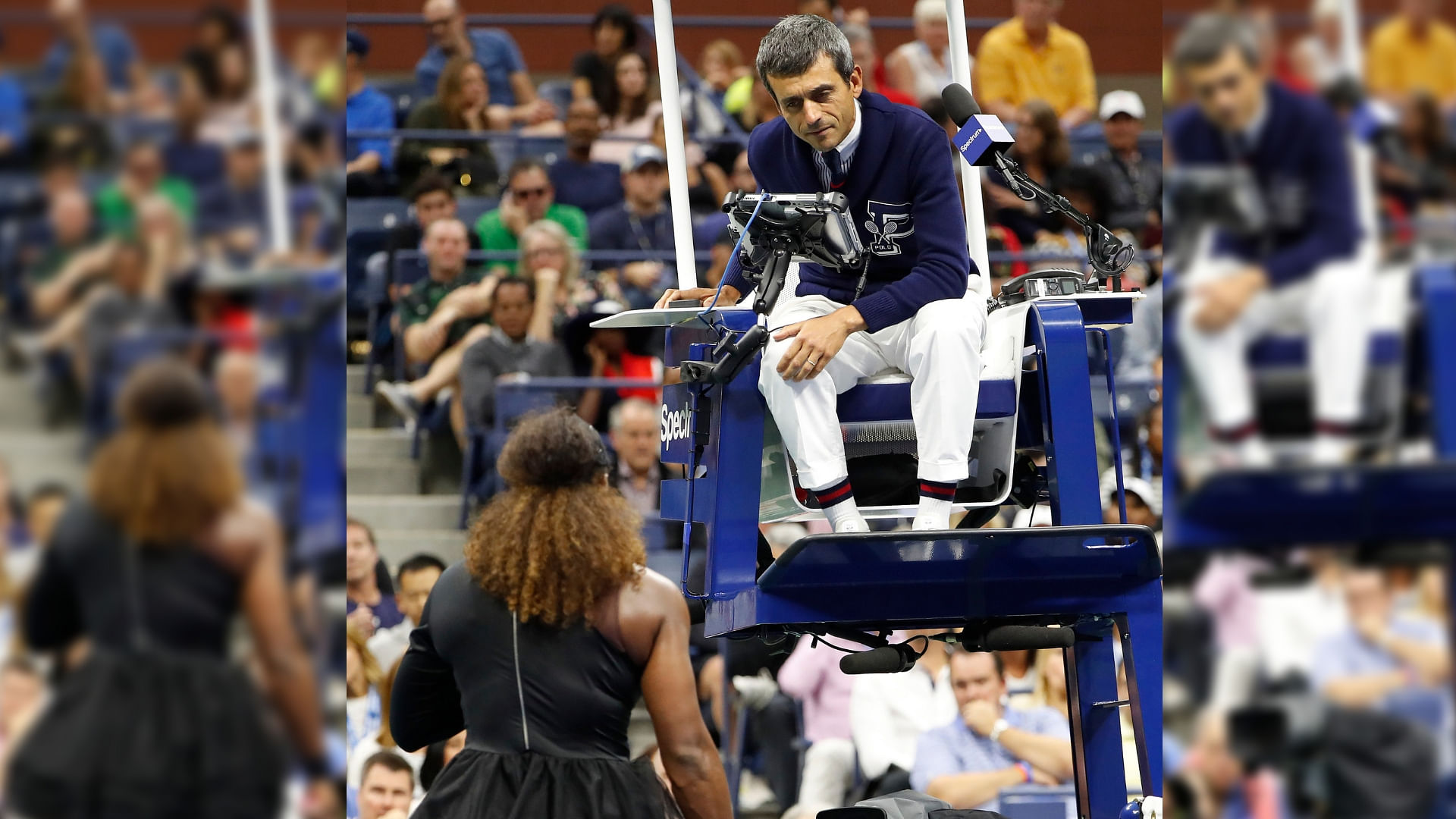 Chair umpire Carlos Ramos talks with Serena Williams during the women’s final of the US Open tennis tournament against Naomi Osaka.