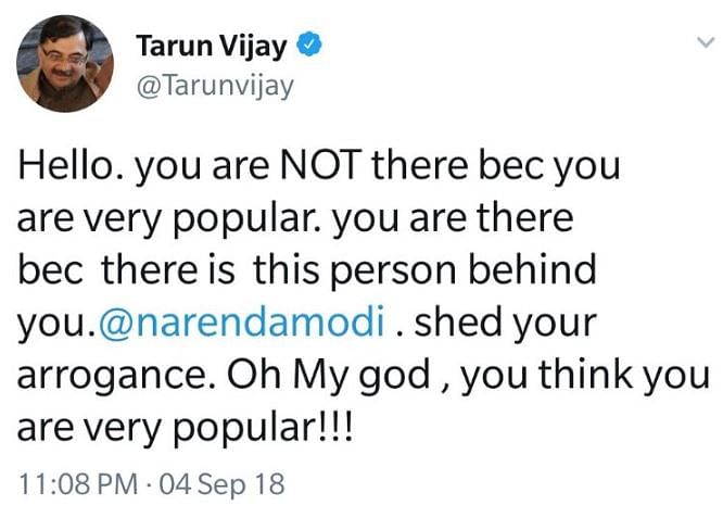 Tarun Vijay’s now deleted tweet about PM Modi leaves Twitter confused. 
