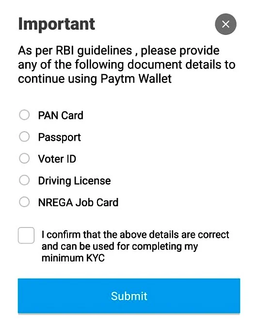 No option for KYC via Aadhaar on Paytm. 