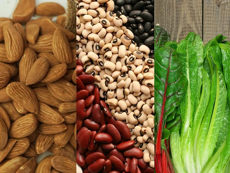 (Left to Right) Almonds, Legumes and Leafy Greens.