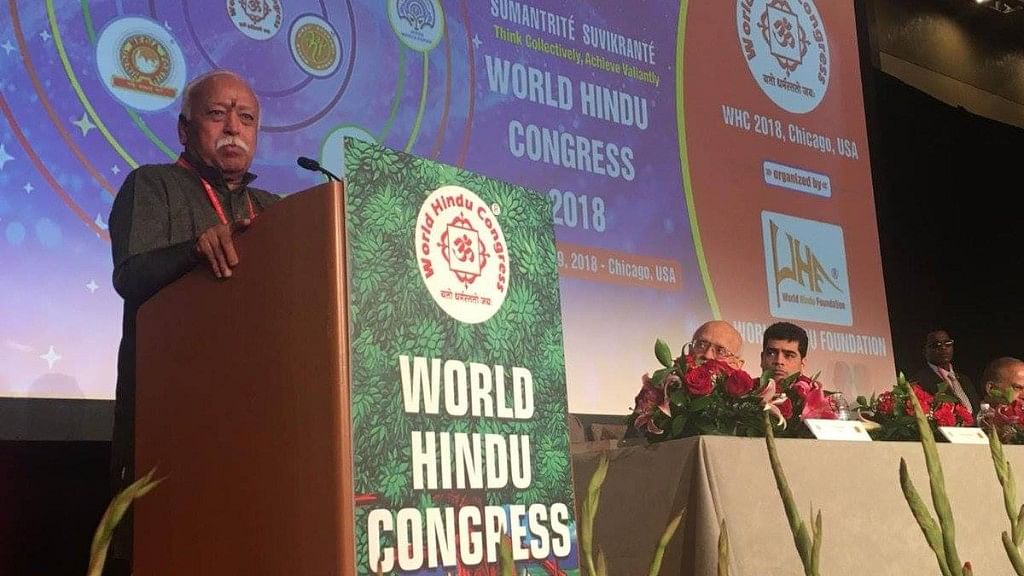 RSS chief Mohan Bhagwat addressing the World Hindu Congress in Chicago, USA.&nbsp;