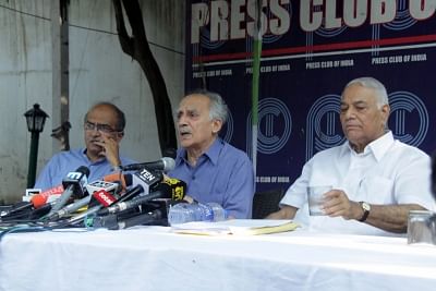 New Delhi: Eminent lawyer Prashant Bhushan, economist and journalist Arun Shourie and former BJP leader Yashwant Sinha address a press conference in New Delhi on Sept 11, 2018. (Photo: IANS)