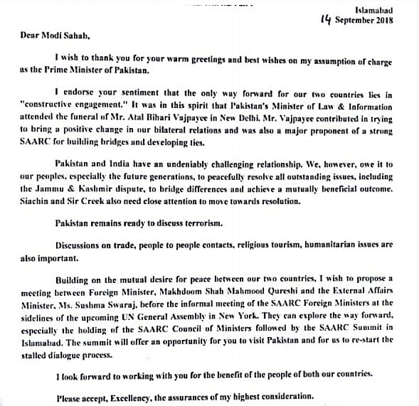The Pak PM & former cricketer wrote to PM Modi suggesting a meeting between the two countries’ foreign ministers.