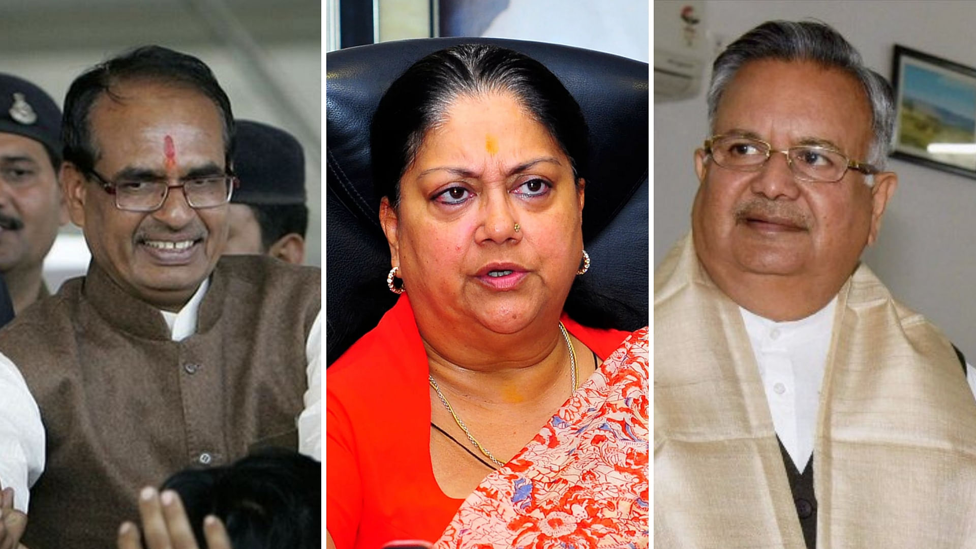 Current Chief Ministers of Madhya Pradesh, Rajasthan, and Chhattisgarh, Shivraj Chouhan (left), Vasundhara Raje (middle), and Raman Singh (right), respectively.