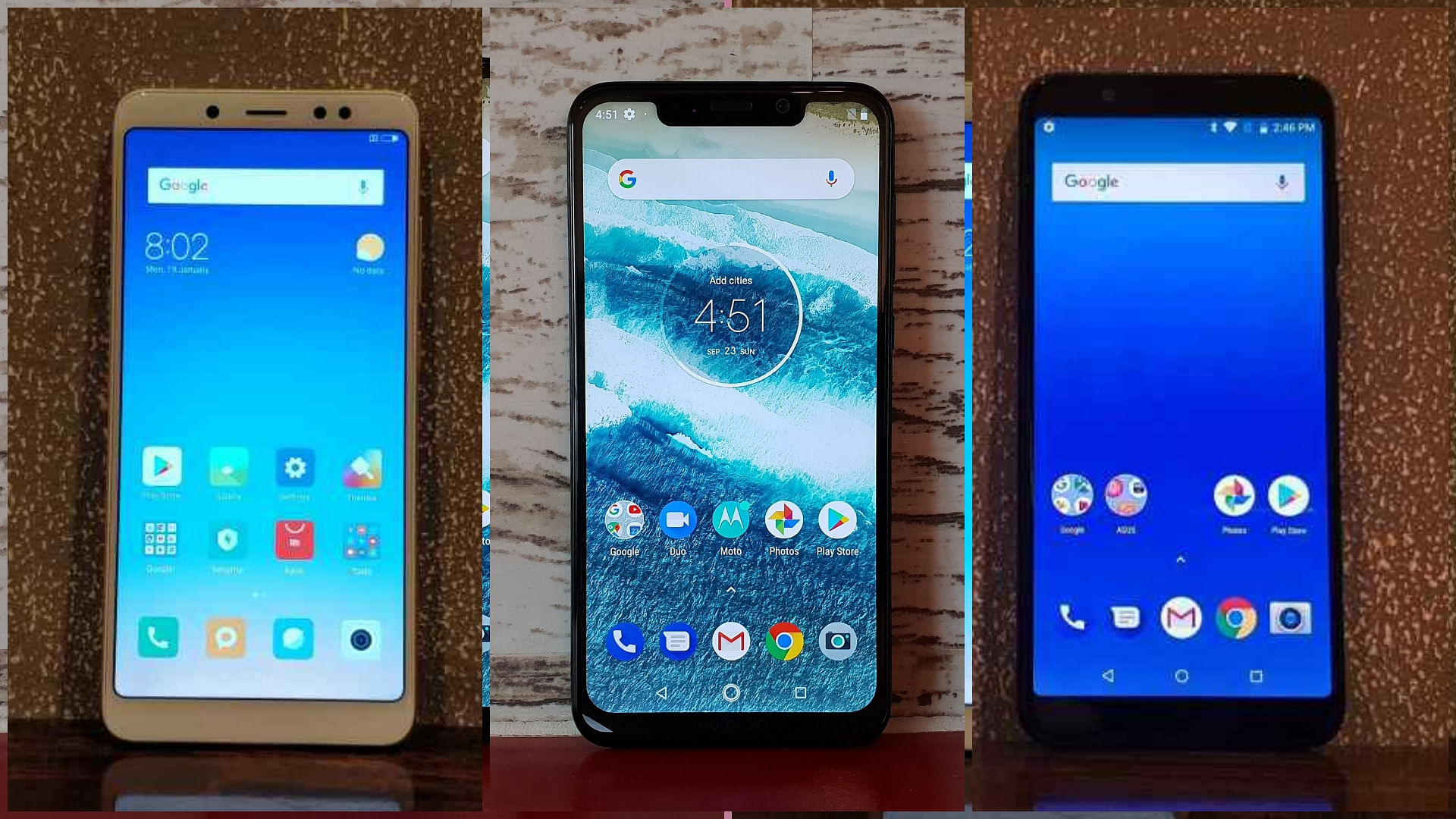 Redmi Note 5 Pro (left), Motorola One Power (centre) and Asus Zenfone Max Pro (right).