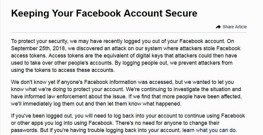 Facebook informed that over five crore users were affected by the breach, which may or may not have hit their data.