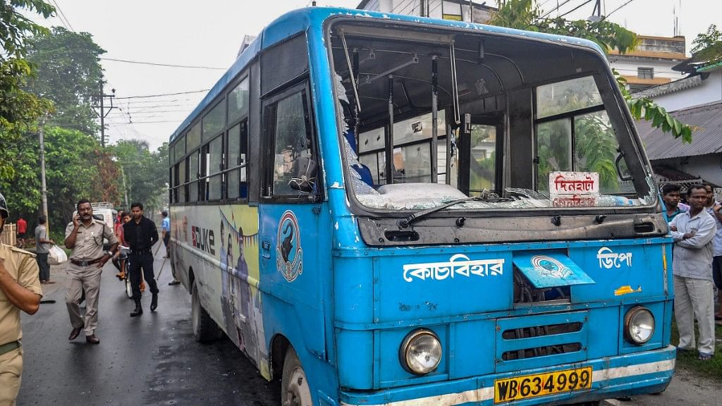 A state roadways bus vandalised by a group of protesters during Bangla Bandh call given by BJP against the State Government.