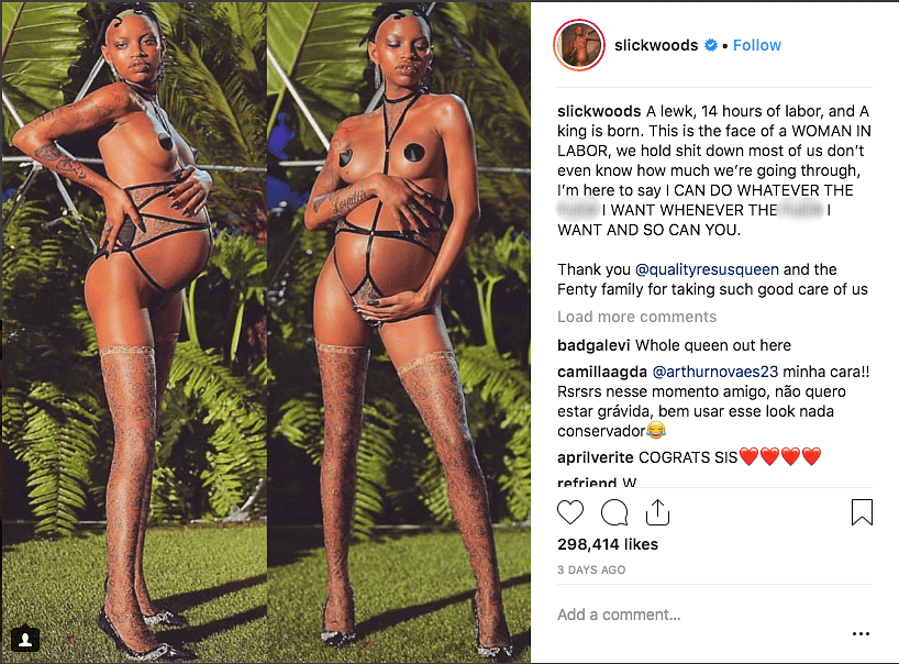 Slick woods went into labour while walking the ramp for Rihanna’s lingerie brand.