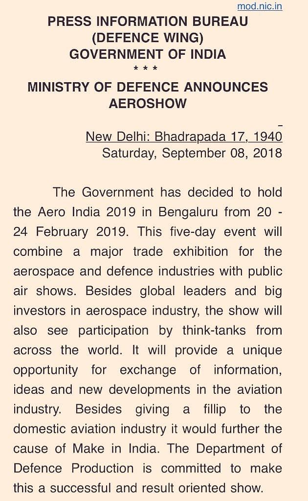 The Ministry of Defence was earlier considering moving the Aero India show to Lucknow.