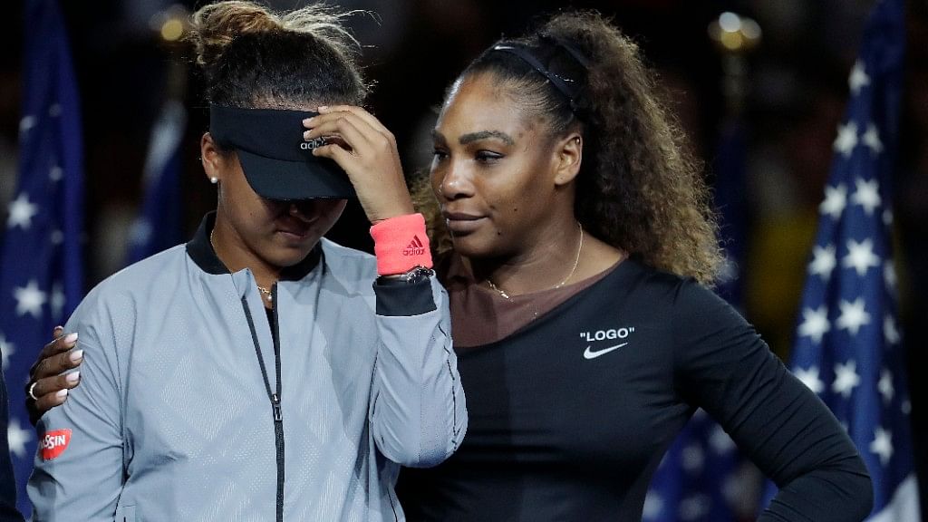 Japan’s Naomi Osaka and Serena Williams during the trophy ceremony at the end of women’s final of the US Open.