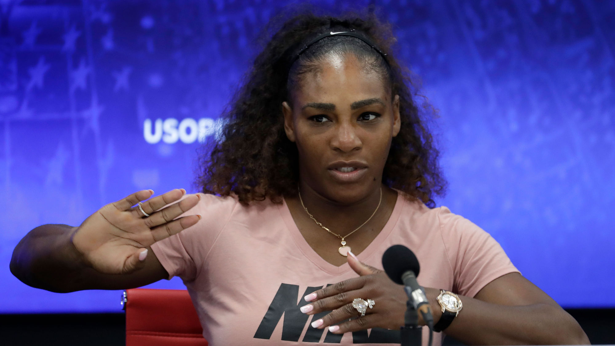 Serena Williams speaks to the media after her controversial US Open final.