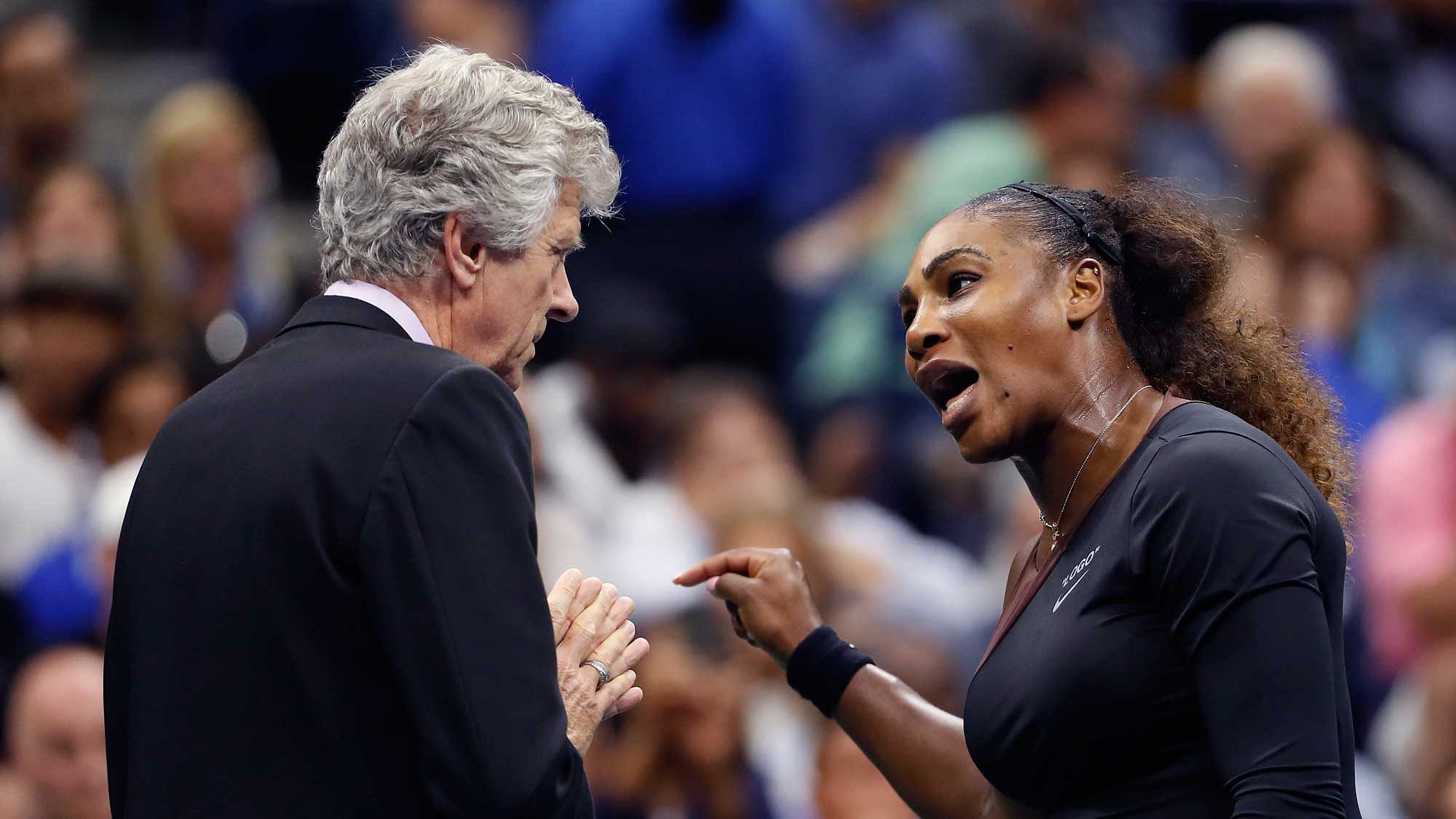 Serena Williams, right, talks with referee Brian Earley during the women’s final of the U.S. Open tennis tournament against Naomi Osaka, of Japan, Saturday, Sept. 8, 2018, in New York.&nbsp;