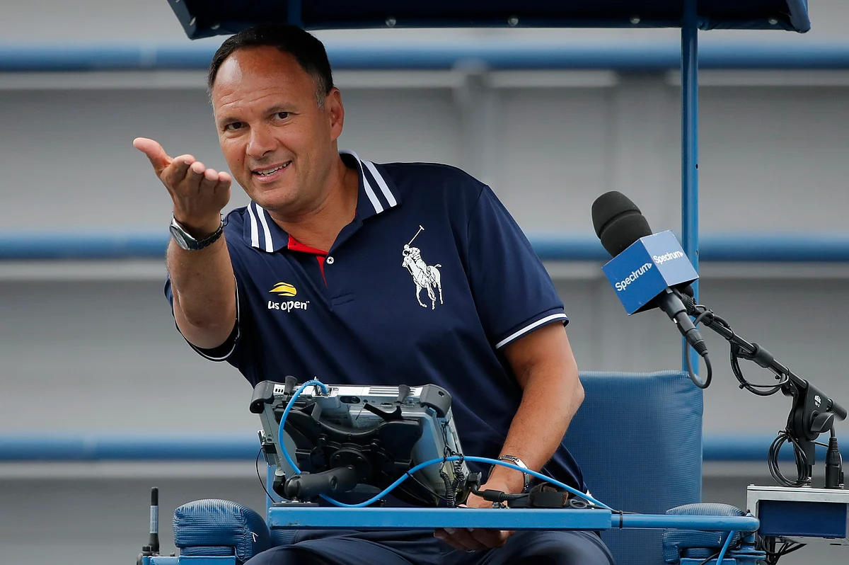 Chair Umpire Mohamed Lahyani gives instructions before a doubles match during the U.S. Open tennis tournament, Friday, Aug. 31, 2018, in New York. 