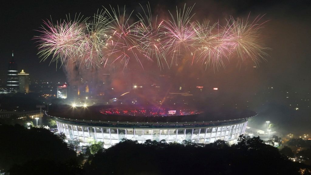 Fireworks explode during the closing ceremony for the 18th Asian Games in Jakarta.
