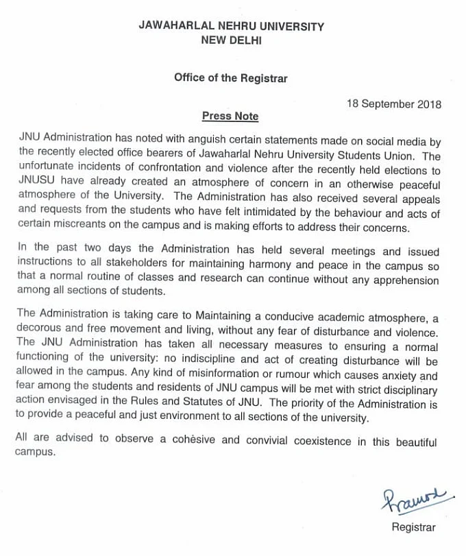 Statement released by the JNU administration.