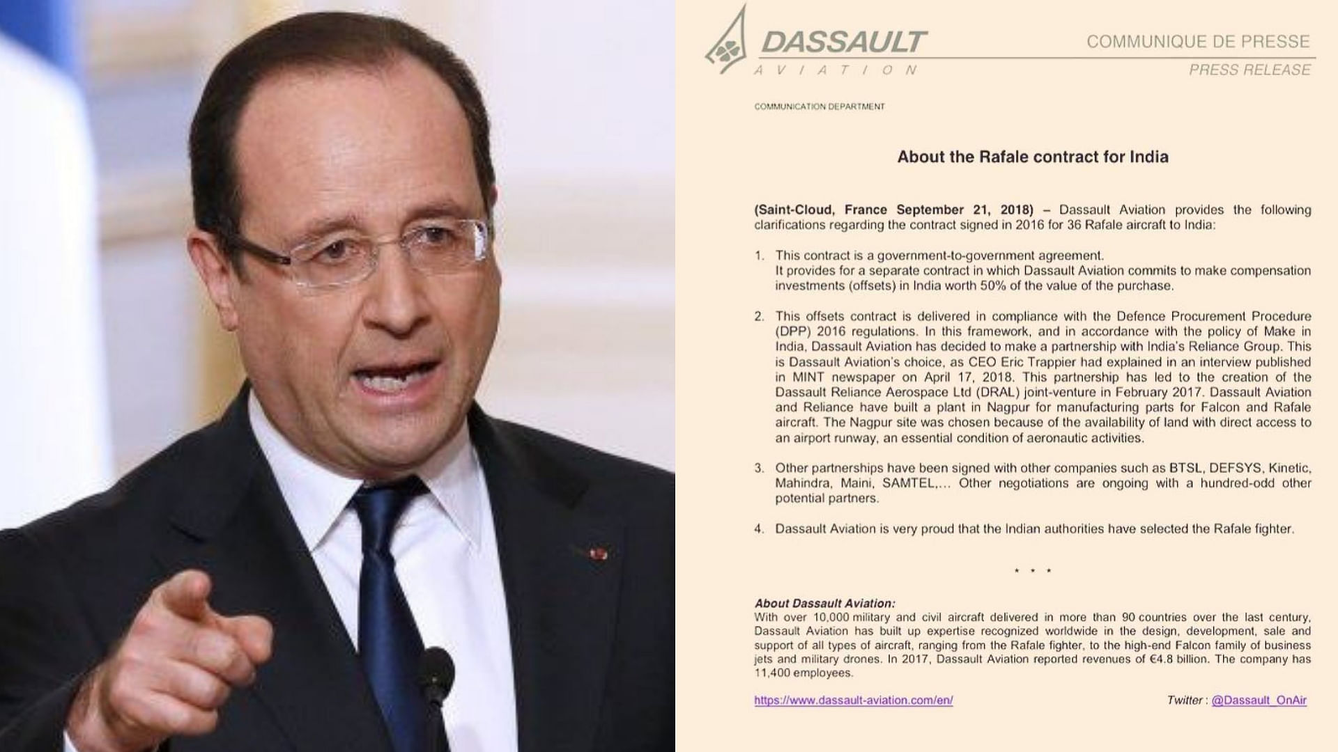 Former French President Francois Hollande (Left) and statement issued by Dassault Aviation (Right).