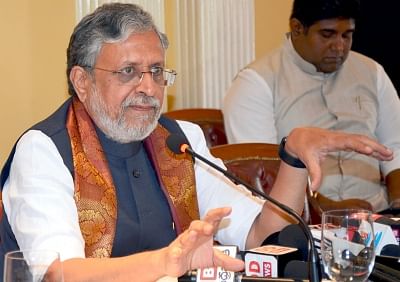 Bengaluru: Bihar Deputy Chief Minister and GST Group of Ministers (GoM) for technology Chairperson Sushil Kumar Modi addresses during a press conference, in Bengaluru on Sept 22, 2018. (Photo: IANS)