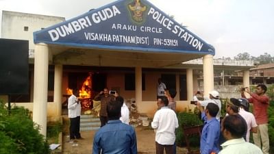Visakhapatnam: Furniture set on fire by relatives and supporters of a slain sitting TDP legislator and a former state lawmaker at Dumbriguda police station in Visakhapatnam district of Andhra Pradesh on Sept 23, 2018. A ruling TDP MLA and a former legislator of his party were gunned down by Maoists in the district earlier today. (Photo: IANS)