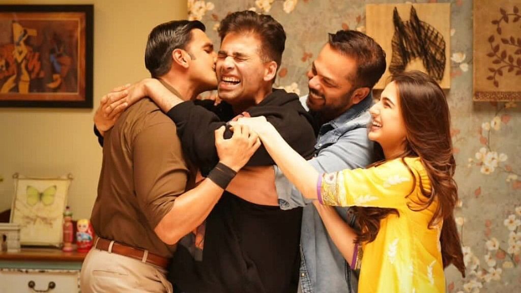 Ranveer Singh, Karan Johar, Rohit Shetty and Sara Ali Khan on the sets of <i>Simmba</i>.