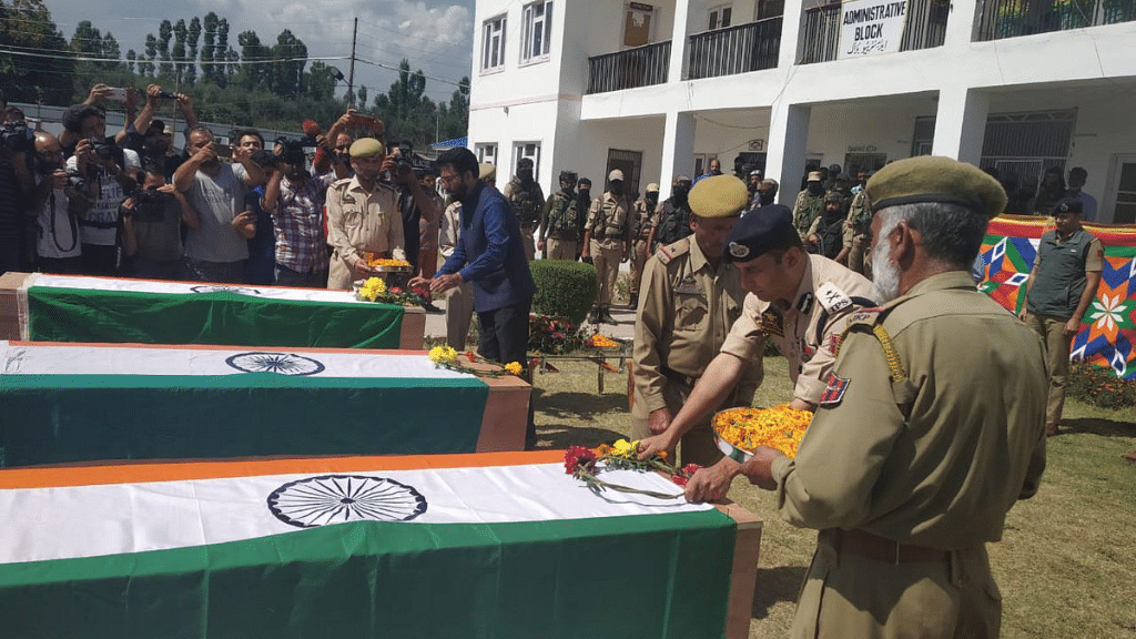 Wreath laying ceremony for slain policemen in Shopian, South Kashmir.&nbsp;