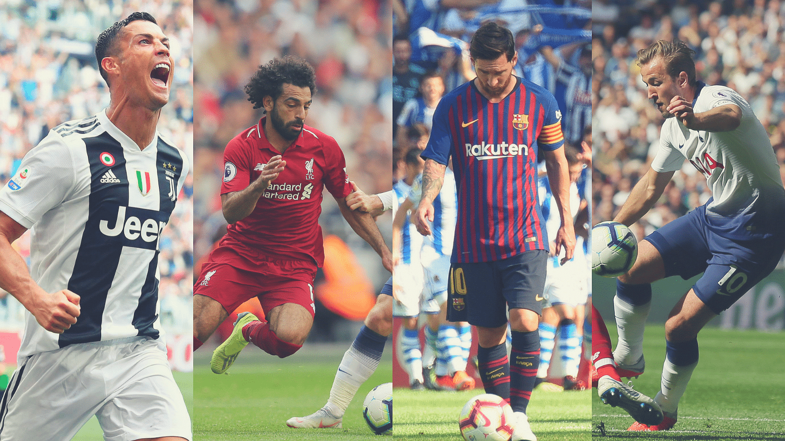 From left to right: Cristiano Ronaldo, Mo Salah, Lionel Messi and Harry Kane.