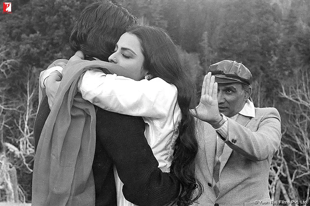 Yash Chopra with Amitabh Bachchan and Rekha on the sets of <i>Silsila.</i>