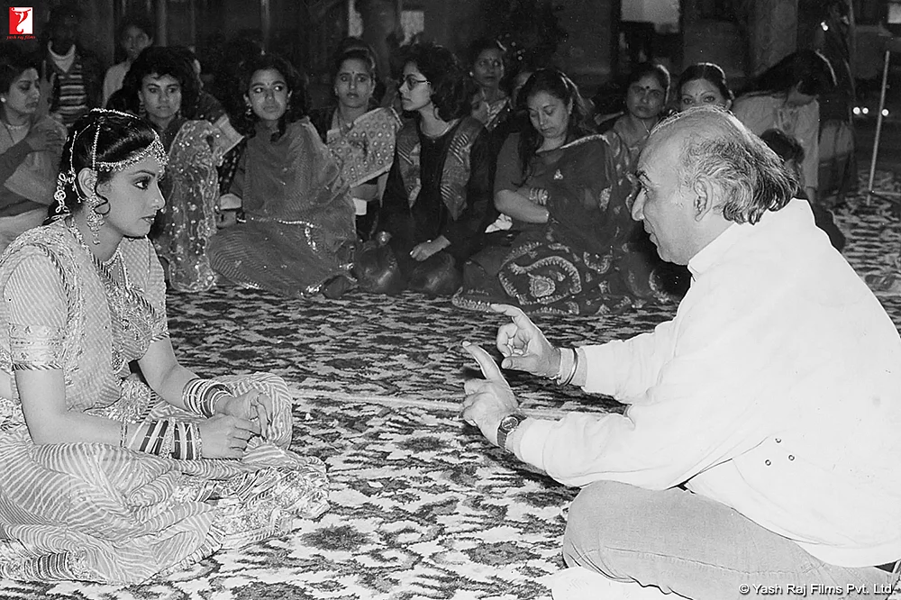 Yash Chopra with Sridevi on the sets of <i>Chandni.</i>