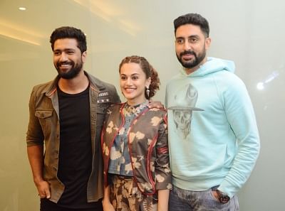 Nagpur: Actors Vicky Kaushal, Taapsee Pannu and Abhishek Bachchan during the promotions of their upcoming film "Manmarziyaan", in Nagpur on Aug 25, 2018. (Photo: IANS)