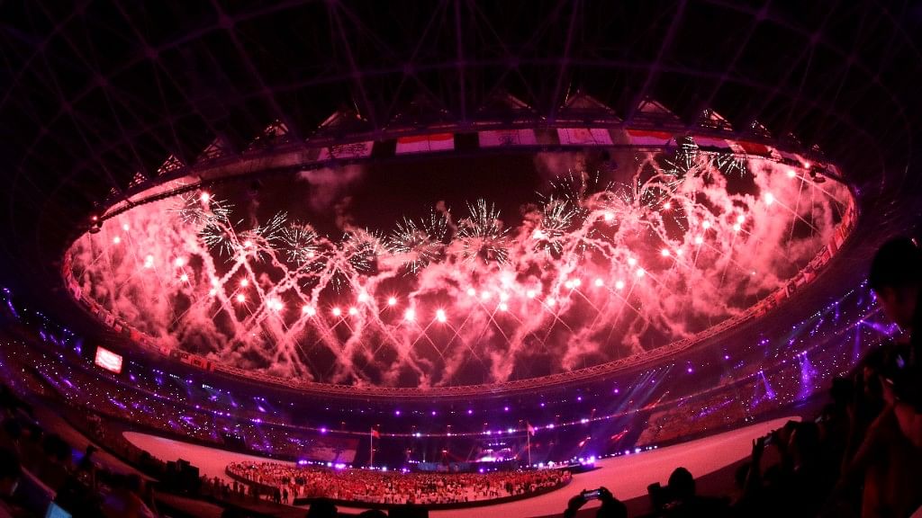 Fireworks light up the GBK Main Stadium as the 18th Asian Games comes to an end.