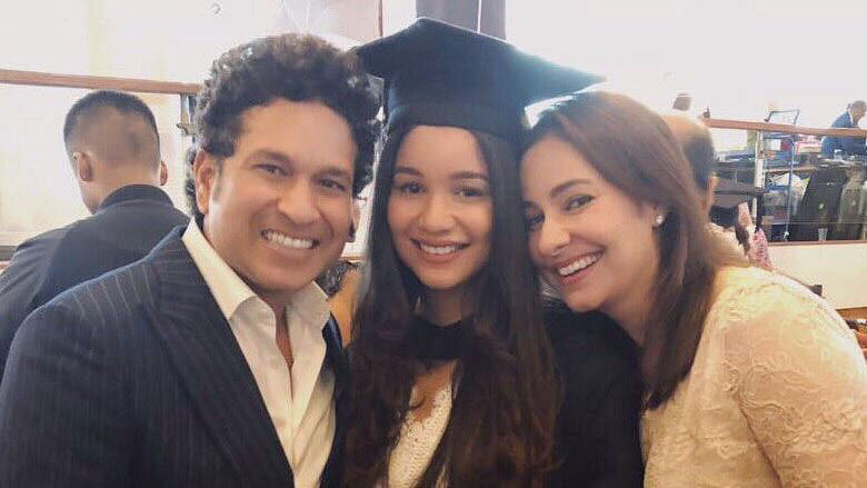 Sachin and Anjali Tendulkar with daughter Sara at her graduation ceremony.