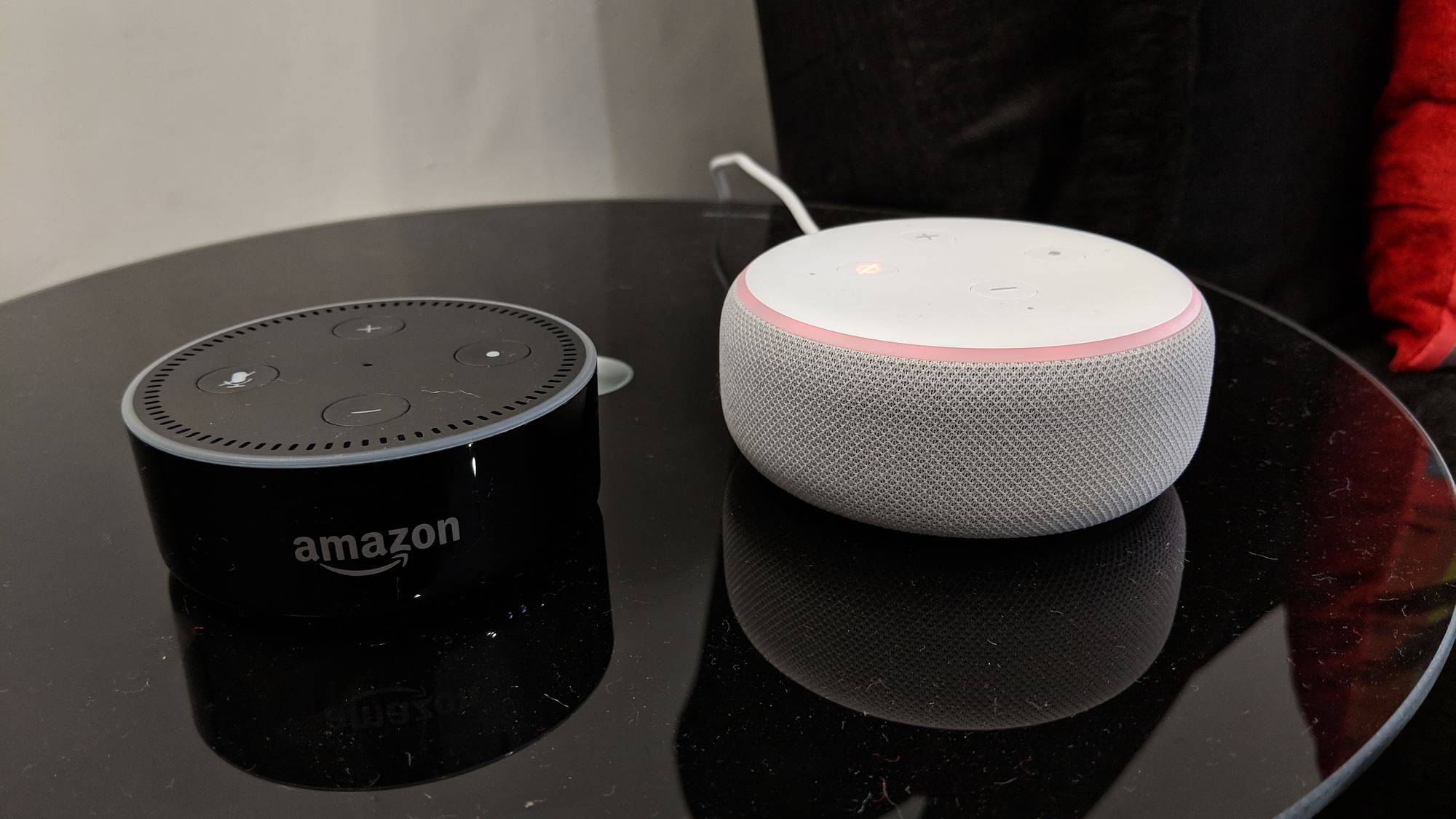 Echo Dot 2017 (left) and the Echo Dot 2018 (right)