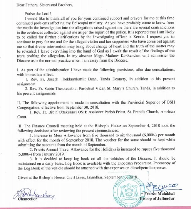 Bishop Franco Mulakkal’s statement