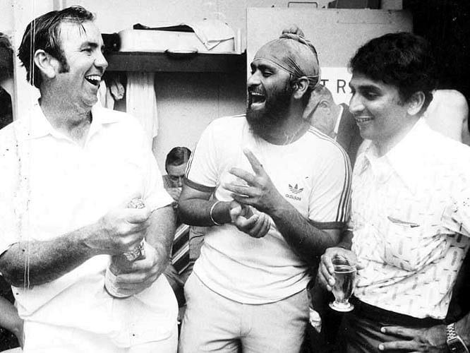 Gavaskar and Bishan Singh Bedi with Bob Simpson after India’s 3-2 Test series loss in 1978.&nbsp;