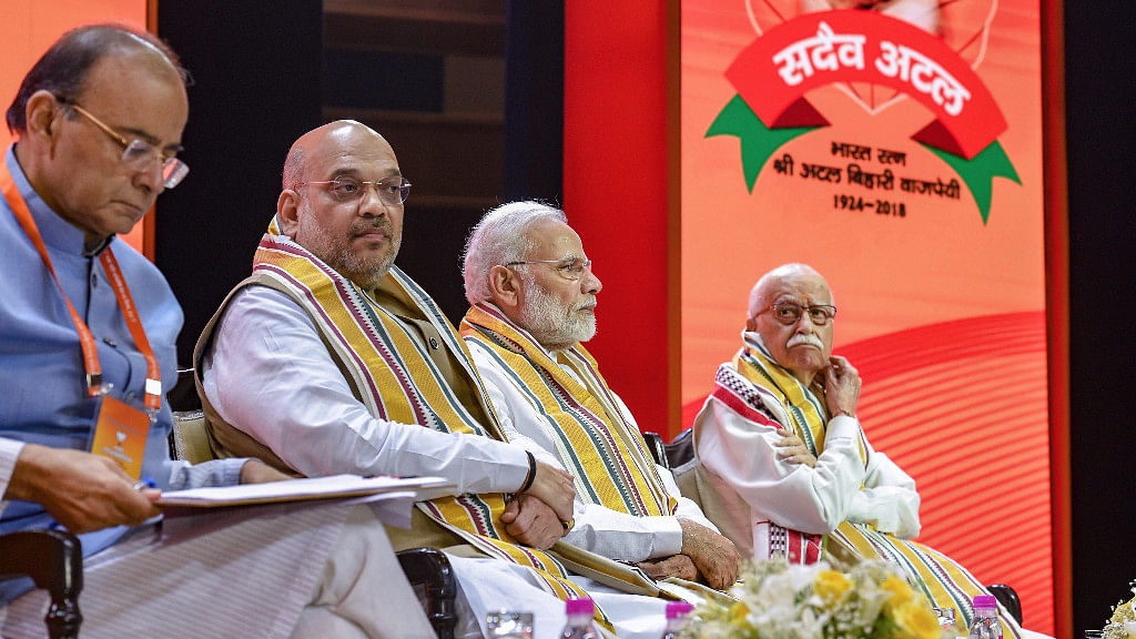 (Left to Right): Finance Minister Arun Jaitley, BJP President Amit Shah, Prime Minister Narendra Modi, and senior leader LK Advani during BJP National Executive Meet in New Delhi.