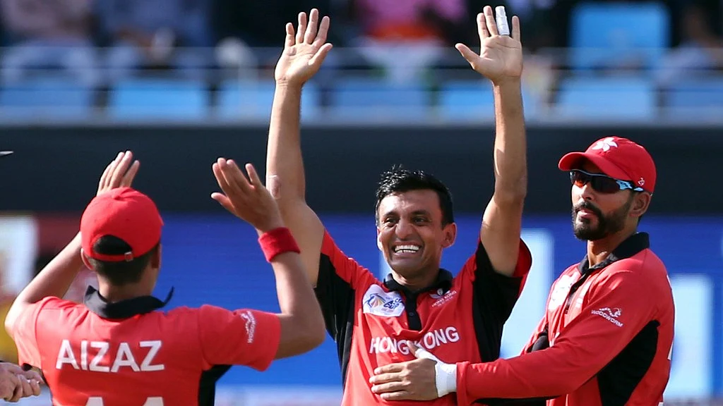 Hong Kong’s off-spinner Ehsan Khan celebrating the fall of India’s Mahendra Singh Dhoni’s wicket on Tuesday.