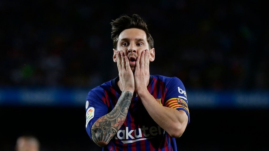 FC Barcelona’s Lionel Messi reacts after missing an opportunity during their Spanish La Liga match against Girona at the Camp Nou stadium in Barcelona on Sunday.
