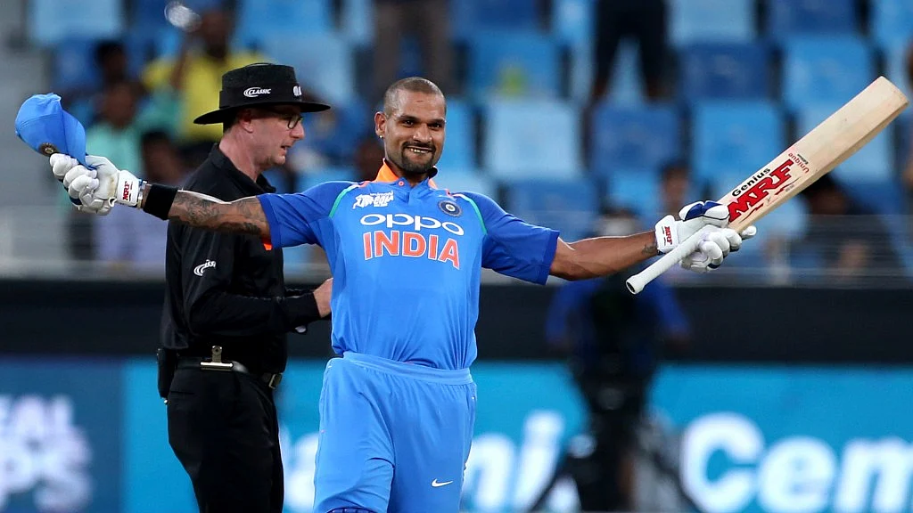 Shikhar Dhawan after reaching his 14th ODI century on Tuesday against Hong Kong in Dubai. 