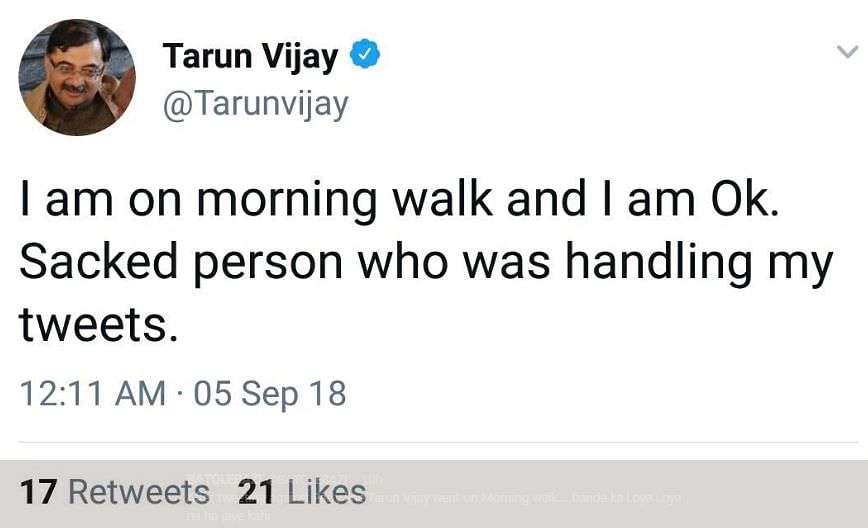 Tarun Vijay’s now deleted tweet about PM Modi leaves Twitter confused. 