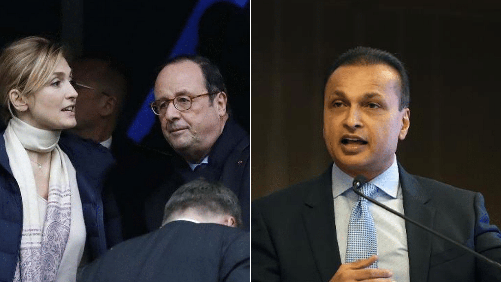 Former French President Francis Hollande (L) and Reliance Group Chairman Anil Ambani (R).