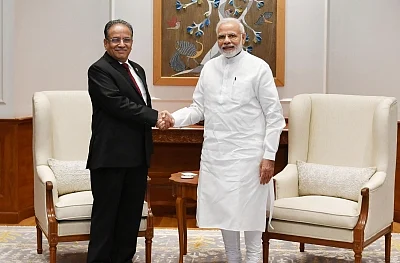 New Delhi: Former Nepal Prime Minister and Nepal Communist Party Co-Chairman Pushpa Kamal Dahal ‘Prachanda’ calls on Prime Minister Narendra Modi, in New Delhi on Sept 8, 2018. (Photo: IANS/PIB)