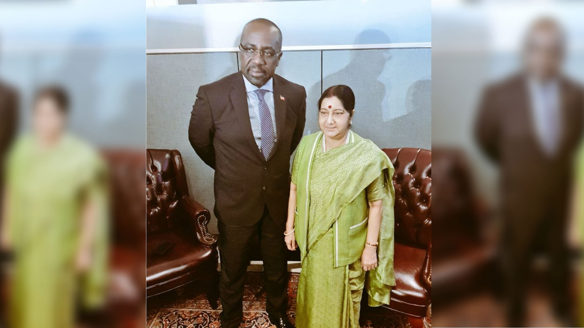Antiguan Foreign Minister Chet Greene (left) and External Affairs Minister Sushma Swaraj (right).