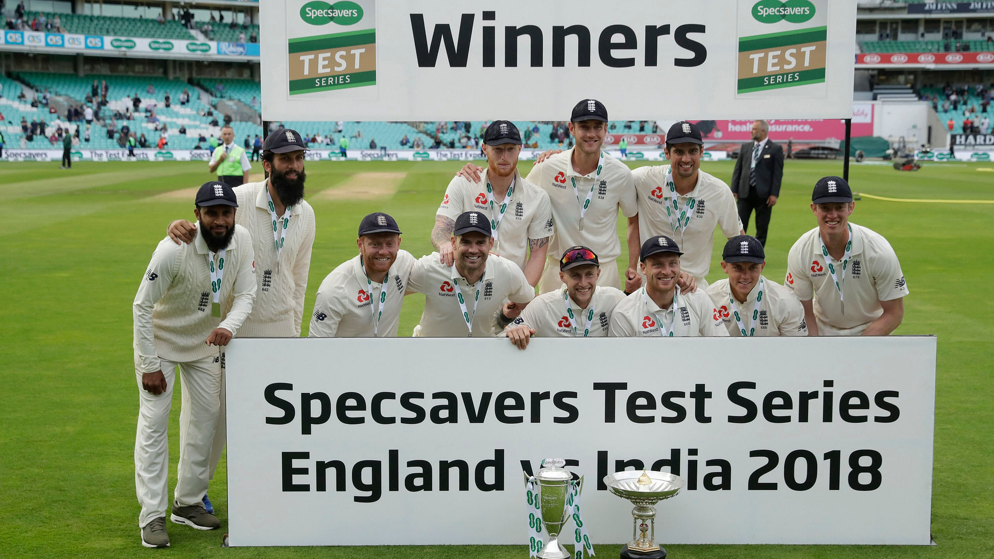 England’s cricket team celebrate with the trophies after the 4-1 series win over India.