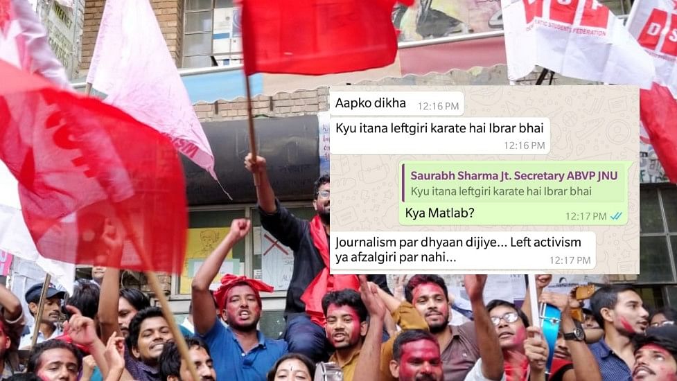 The former joint secretary of ABVP in JNU, Saurabh Sharma, sent messages to the reporter cautioning him against indulging in “afzalgiri” and “left activism” when asked questions.