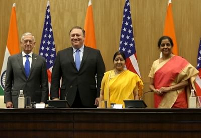 New Delhi: External Affairs Minister Sushma Swaraj and Defence Minister Nirmala Sitharaman with US Secretary of State Mike Pompeo and Defence Secretary James Mattis during a press briefing after the India-US 2+2 Strategic Dialogue meeting, in New Delhi on Sept 6, 2018. (Photo: IANS/DPRO)